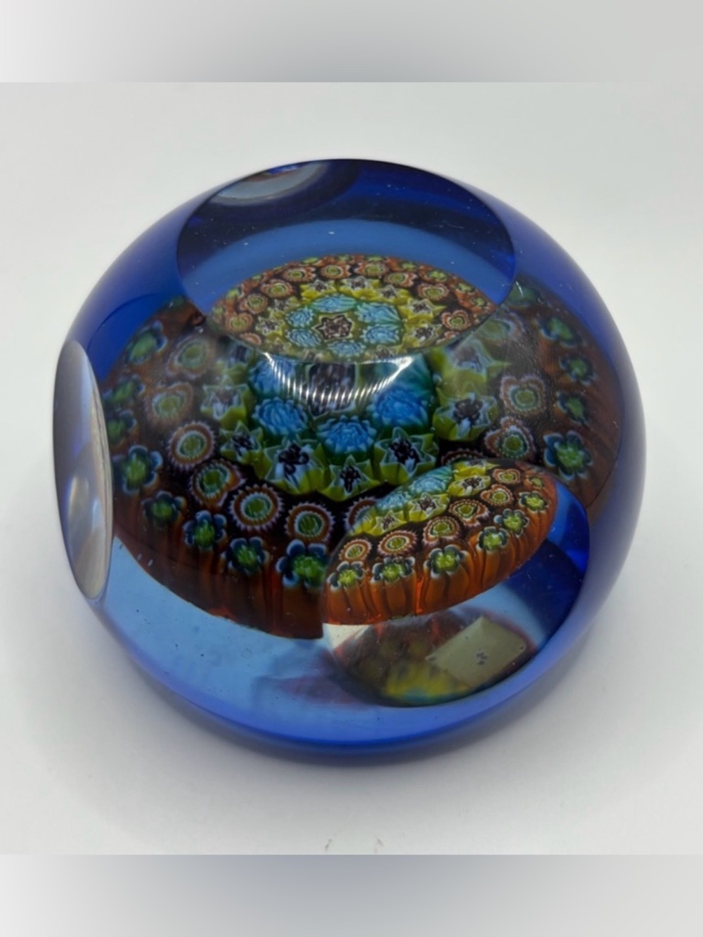 Vintage Faceted Millefiori Floral Flower Multicolor Art Glass Paperweight Decor